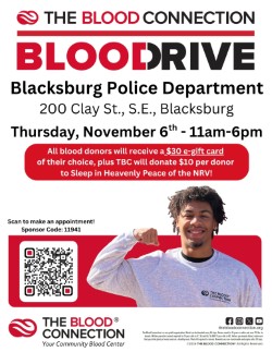 Stop by BPD for our blood drive through the Blood Connection on Nov 6th from 11am to 6pm.  Donors will get a $30 e-gift card and $10 will also be donated to Sleep in Heavenly Peace NRV.  Click link below to make a reservation.  Walk ins are also welcome. loom.ly/O0coY80