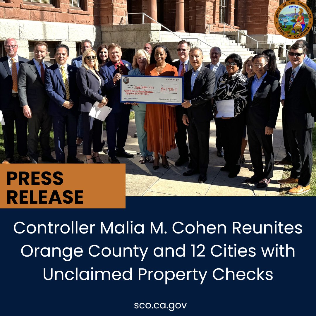 Controller Cohen reunited 12 cities in Orange County and the county itself, with a combined $241,983.11 in unclaimed property checks.

To view the list of unclaimed property funds reunited with local governments, read full press release, at: sco.ca.gov/eo_pressrel_27…