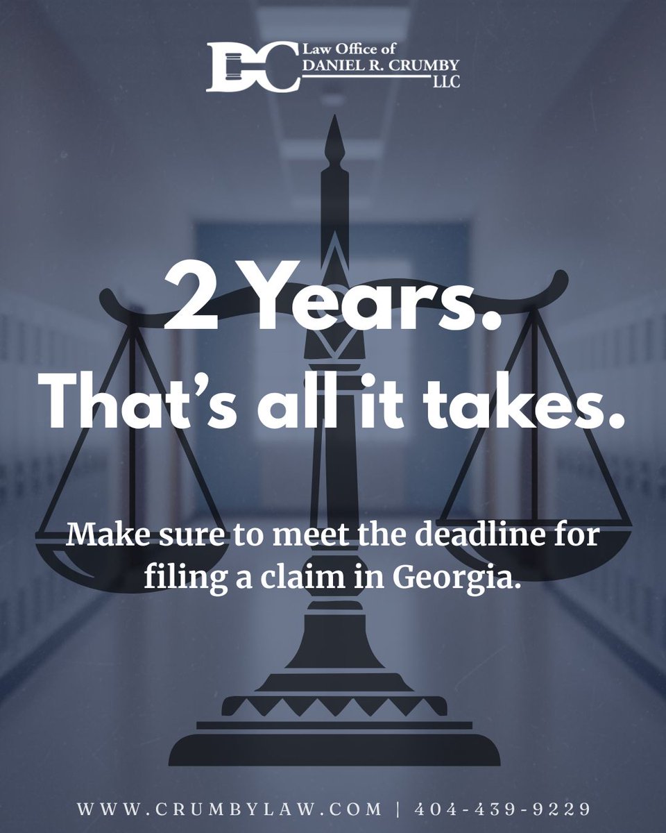 crumbylaw's tweet photo. 9⏳ You only have 2 years to file your injury claim in Georgia. Time runs fast — act now. Call Daniel Crumby, your soldier for justice. ⚖️
404-439-9229
#crumbylaw #AtlantaLawyer #YourSoldierForJustice #GeorgiaAttorney #PersonalInjuryLawyer #StatuteOfLimitations https://t.co/21yK4DSRww