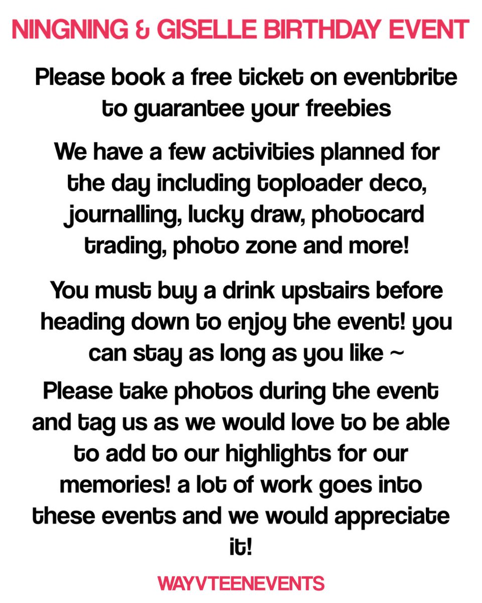 NINGSELLE BIRTHDAY EVENT 

📆 8 November 13:00 - 17:00
📍: DOPI, 142 Bethnal green road, E2 6DG

🎟️ eventbrite.com/e/184665963166… 

#AESPA #NINGNING #GISELLE