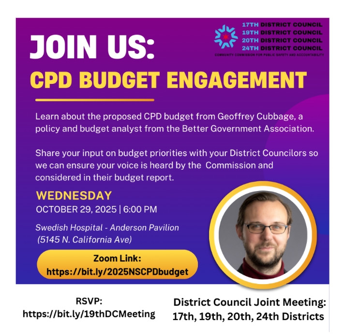 Don't miss our own Policy Analyst, Geoffrey Cubbage, discuss the proposed Chicago Police Department Budget tonight. 

Virtual sign up link is here: docs.google.com/forms/d/e/1FAI…