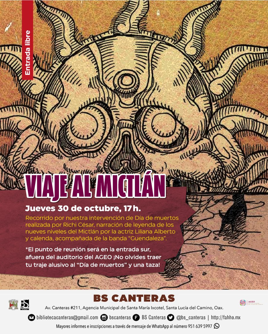 ¡Recuerda que mañana tenemos nuestro VIAJE AL MICTLÁN! Realizaremos un recorrido en donde escucharemos la leyenda de los nueves niveles del Mictlán y disfrutaremos una calenda.

¡Te esperamos a las 17h!
¡No olvides ponerte tu mejor disfraz y traer tu taza para tomar chocolate! 😋