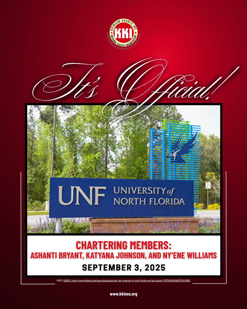 kkinso's tweet photo. We’re proud to announce that Krimson Kourts Inc. is now a Registered Student Organization at the University of North Florida!

Chartered: Sept 3, 2025
Chartering Members: Ashanti Bryant, Katyana Johnson &amp; Ny’ene Williams

A Limitless Legacy continues.

#KKINSO #KKIKares https://t.co/uowPnTPc4y