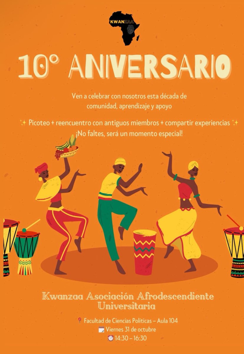 Este viernes celebramos el 10º Aniversario de Kwanzaa 🎉

📍 Dónde: Facultad de Ciencias Políticas – Aula 104
🕝 Cuándo: Viernes 31 de octubre | 14:30 – 16:30

¡Nos vemos allí para compartir, reír y celebrar estos 10 años juntos! ✊🏾🔥
