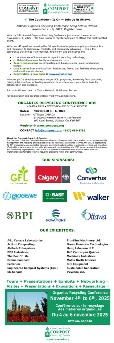 Press Release:
The Countdown Is On — Join Us in Ottawa National Organics Recycling Conference being held in Ottawa, November 4 – 6, 2025. Register now! bit.ly/4o5FOvb 
#PRESSRELEASE 
#compost2025

Read the PDF:
bit.ly/47JzGTT