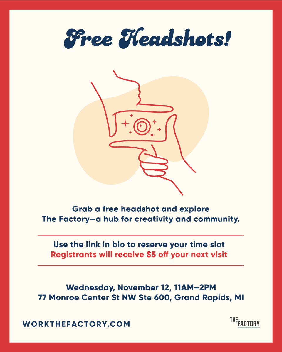 the_factory_gr's tweet image. 📸 Free headshots at The Factory!
Join us Nov 12, 11AM–2PM — open to professionals of all kinds.
Sign up via the link in our bio; first 36 get $5 off their next visit!
#TheFactoryGR #GrandRapids #FreeHeadshots #Coworking