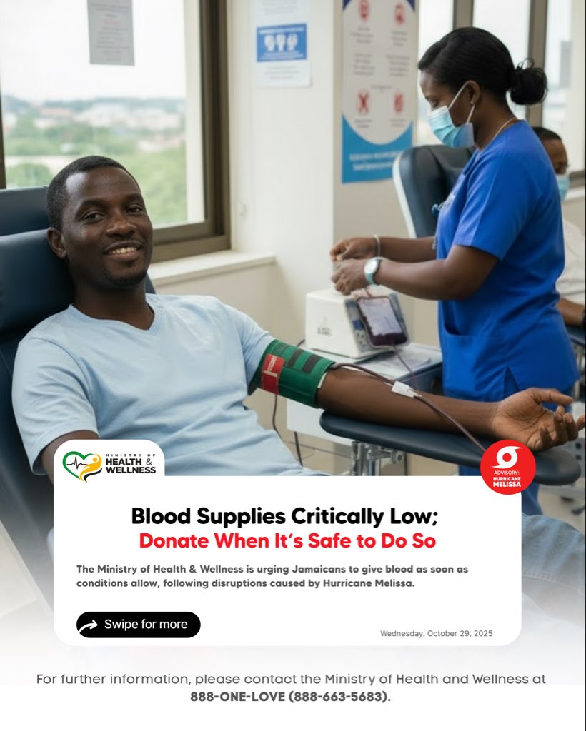 themohwgovjm's tweet photo. 🩸 Blood supplies are critically low 
- If you’re able, donate blood when it’s safe to travel.

📍 NBTS, 21 Slipe Pen Rd, Kingston
📞 888-ONE-LOVE (888-663-5683)
#GiveBloodJA https://t.co/dFotaZ0wSD