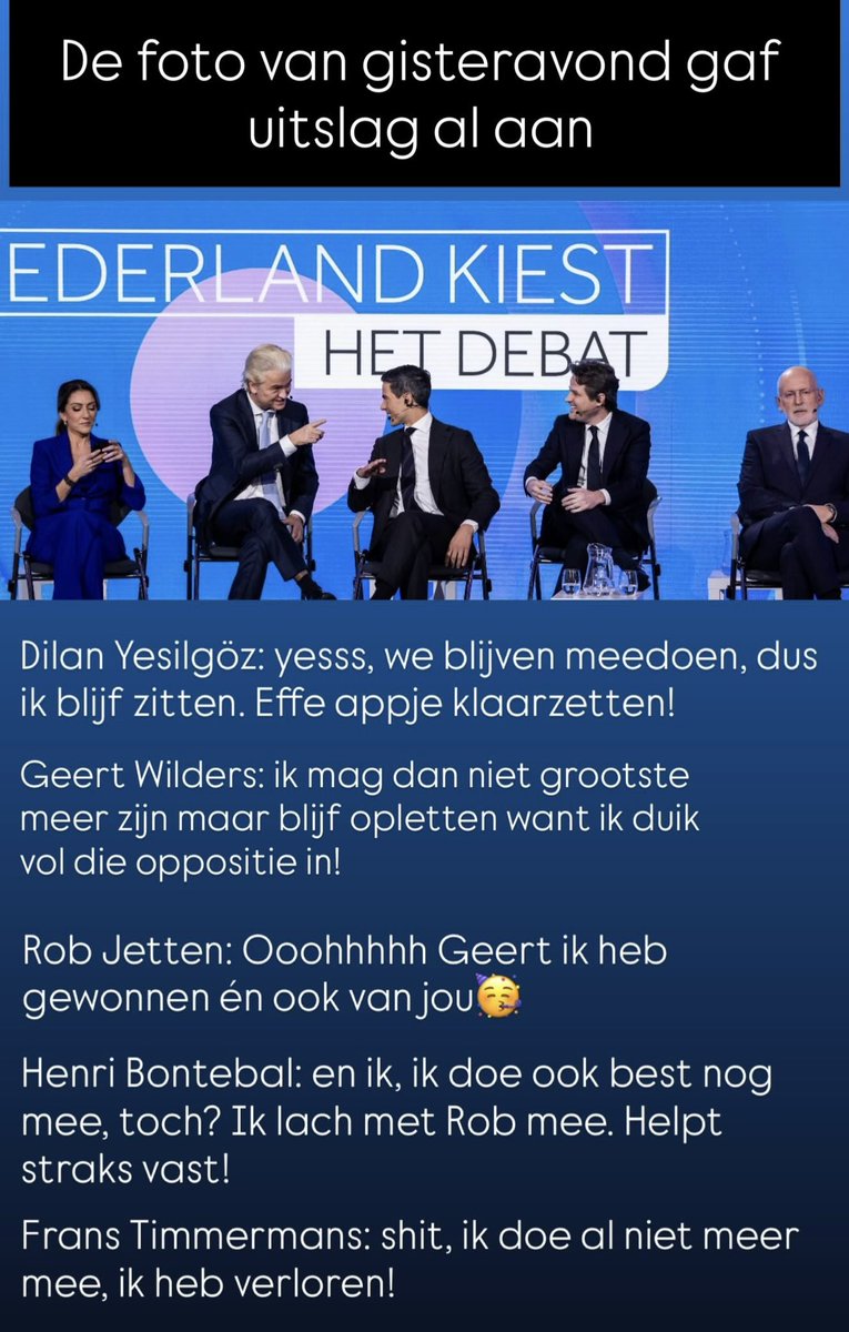 Gisteravond een ‘gewone’ foto voordat het debat begon. Nu zie ik er de uitslag in! Met mijn fotobijschriften😅#uitslagtweedekamer #tweedekamerverkiezingen #VVD #PVV #CDA #PvdAGroenLinks #robjetten #GeertWilders #henribontebal #DilanYesilgoz #FransTimmermans #verkiezingen2025