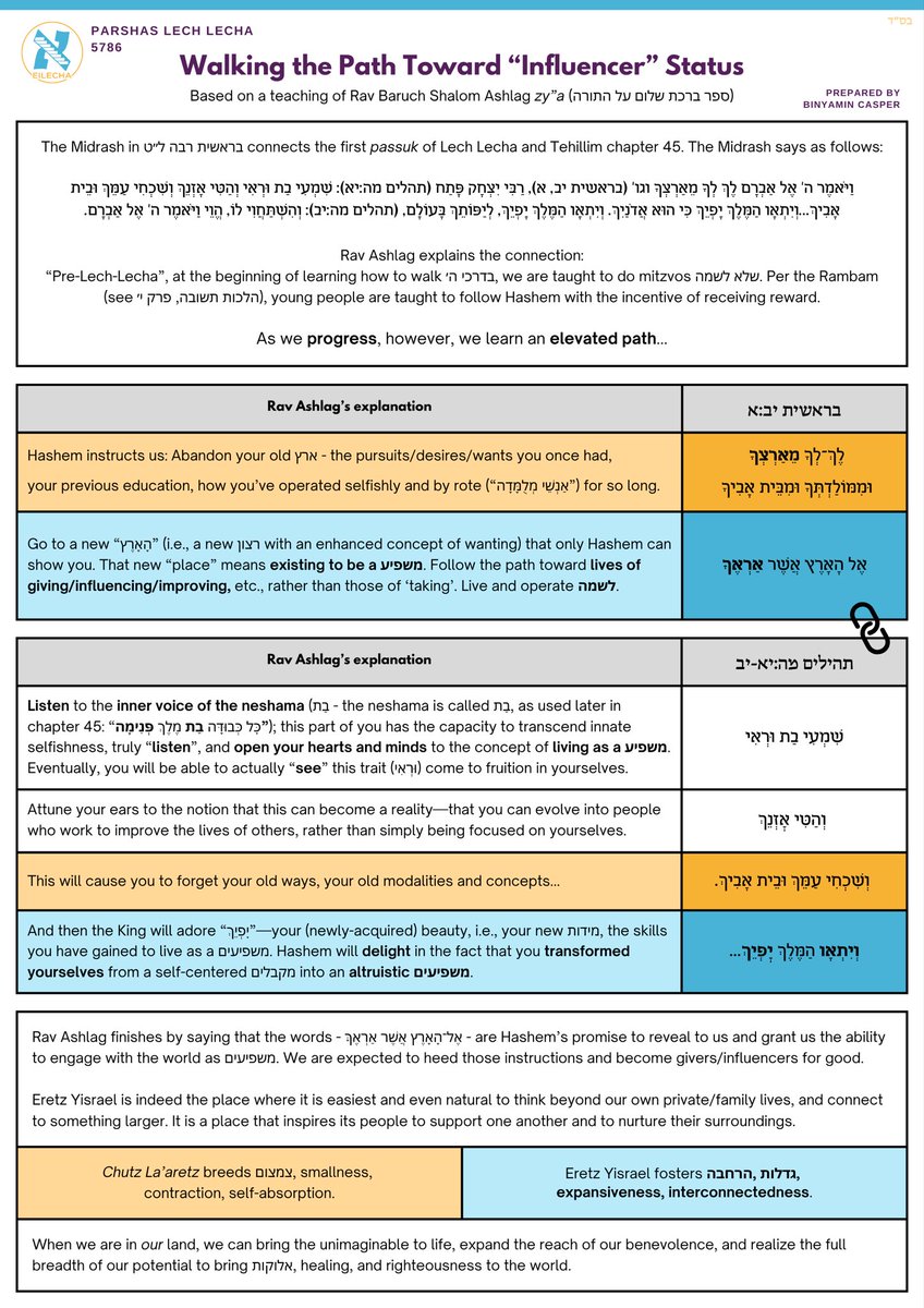 Summary of a piece written by Rav Shalom Baruch Ashlag, explaining a Midrash and homiletic interpretation of Hashem's לֵךְ-לְךָ charge to all of us, and what it really means to be an "influencer"...