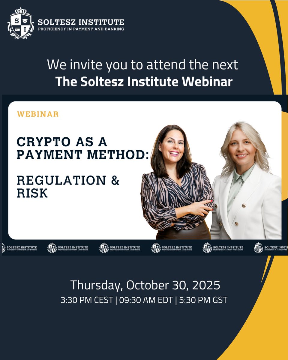 Crypto payments are here to stay 💥

But are businesses ready for the risks?

Join Viktoria Soltesz &amp; Anna Agu LIVE this Thursday, Oct 30 for a live discussion on Crypto as a Payment Method: Regulation and Risk.

🎥 Live on LinkedIn → linkedin.com/events/7388674…