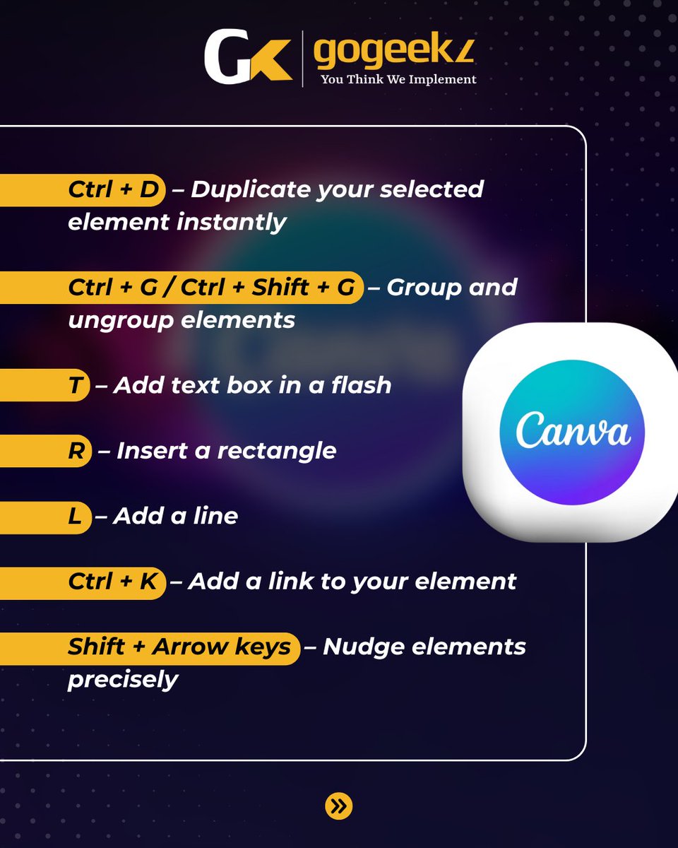 GoGeekz's tweet image. 🎨 Want to design like a pro — without even touching your mouse? 🤯
These Canva keyboard shortcuts will help you design faster, smarter, and smoother!
#GoGeekz #canvatips #CanvaShortcuts #DesignFaste #canvatricks #graphicdesign #designhacks #canvadesigns #productivitytips