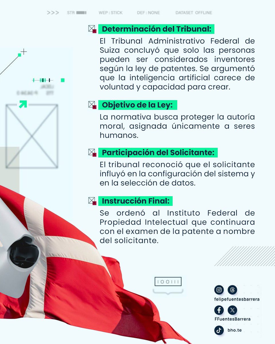 FFuentesBarrera's tweet photo. En #Suiza, se solicitó una patente para un "recipiente de alimentos" diseñado por #DABUS, una inteligencia artificial. El Tribunal Administrativo Federal determinó que solo los humanos pueden ser considerados inventores, ya que la #IA no tiene voluntad. Se ordenó continuar el examen de la patente a nombre del solicitante.