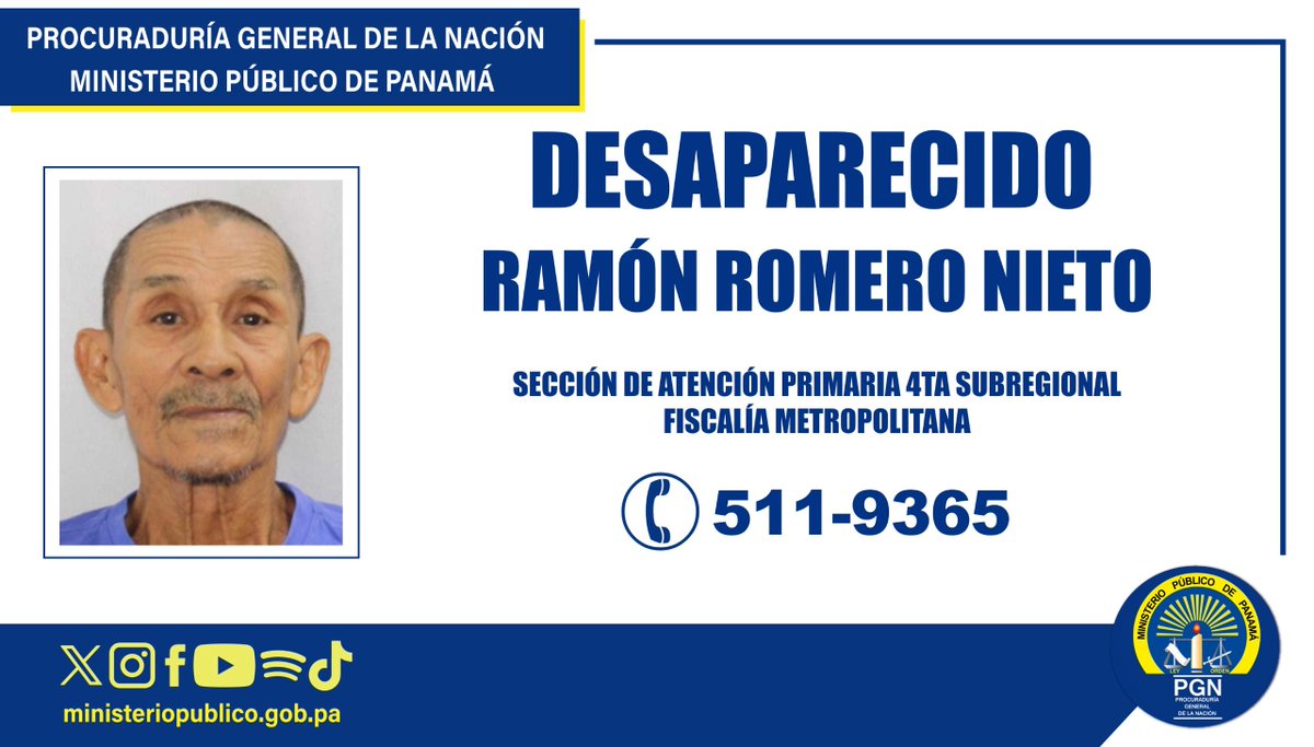 TReporta's tweet photo. .@PGN_PANAMA pide colaboración para dar con el paradero del señor Ramón Romero Nieto, de 75 años, quien fue visto por última vez el pasado 17 de octubre cuando salió de su casa en Panamá Viejo.

Vestia suéter crema con cuello de rayas verdes, pantalón crema y chancletas grises.

De tener información sobre su paradero comunicarse  al teléfono 511-9365, de la Cuarta Subregional de Parque Lefevre, Río  Abajo y Pueblo Nuevo, o al 6167-1227.