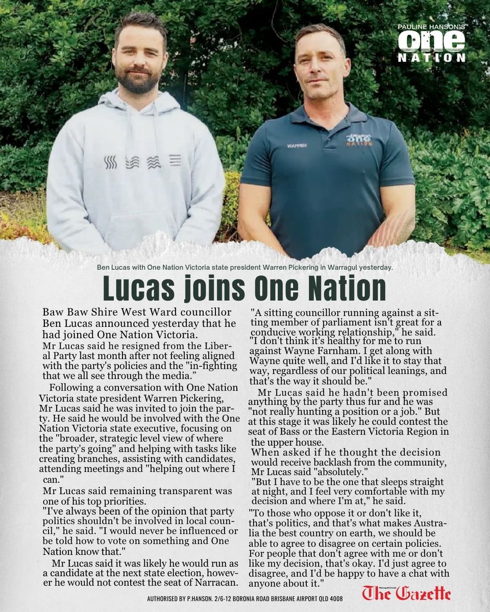 Baw Baw Shire West Ward councillor Ben Lucas joins One Nation