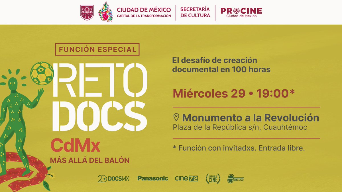 DocsMX's tweet photo. Hoy, en el Monumento a la Revolución, se estrenan los cinco cortos creados en 100 horas durante el #RetoDocsCdMx. 🎬
Son historias de futbol que van #MásAlláDelBalón, contadas desde el corazón de la ciudad.
¡Es la función más viva y emocionante del #20DocsMX! https://t.co/6T0VAKR0o6
