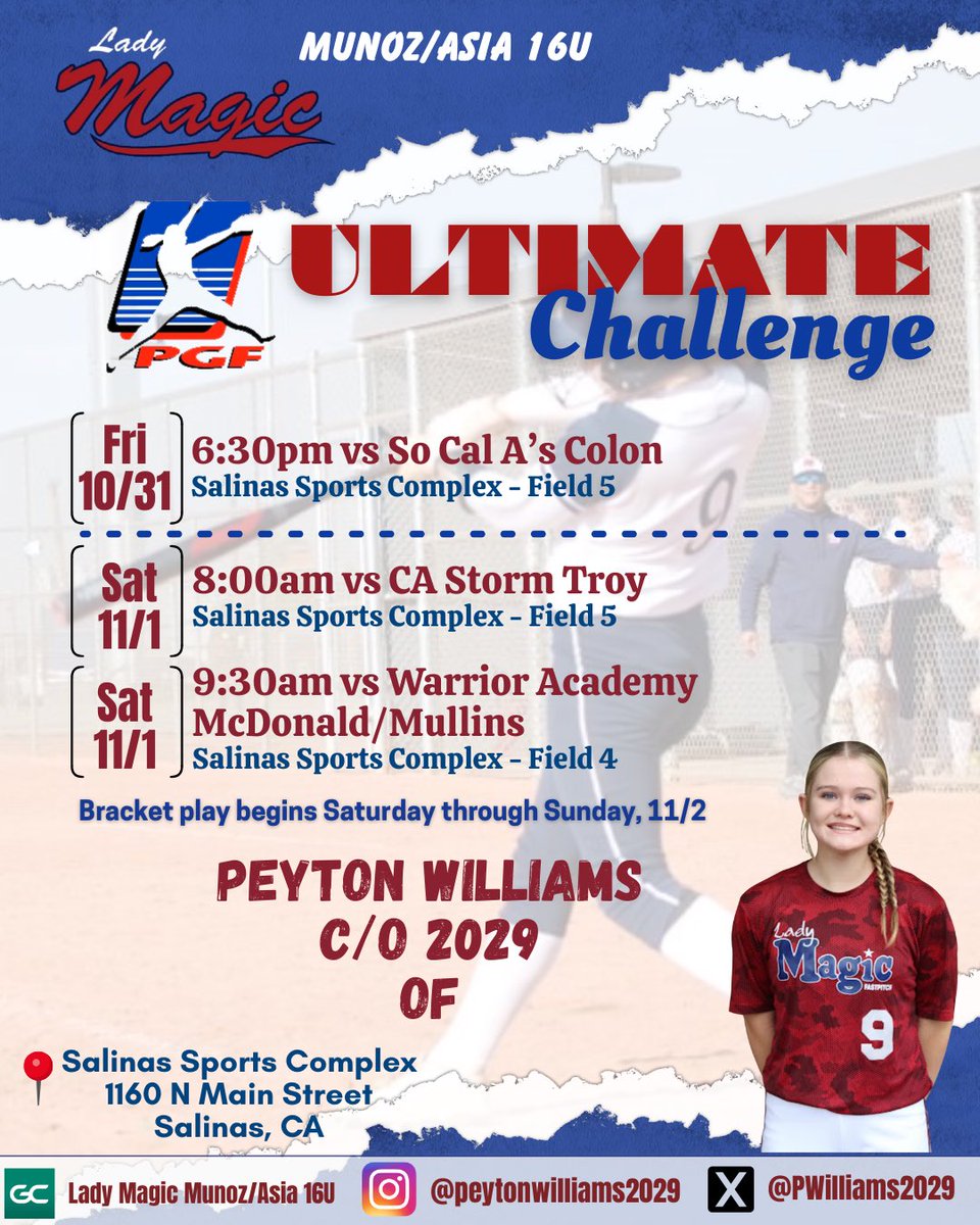 Back to Cali this weekend for the PGF Ultimate Challenge. If your up north come check us out <a href="/LM_Munoz_Asia/">Lady Magic Munoz- Asia</a> ! <a href="/los_stuff/">Carlos Arias</a> <a href="/LineDsoftball/">Line Drive Media</a> <a href="/ondecksoftball/">OnDeck Softball 🥎</a> <a href="/SoftbalAmerica/">Softball America</a> <a href="/ExtraInningSB/">EXTRA INNING SOFTBALL</a> <a href="/On3Recruiting/">On3 Recruiting</a> <a href="/fastpitchwatch/">Fastpitch Watch</a>