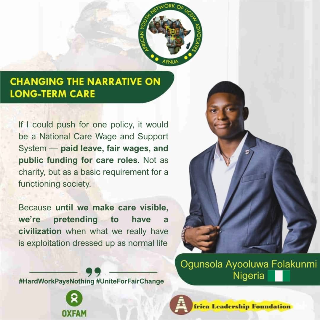 alf_NGR's tweet photo. @MakeCareCount @GAllianceCare @CARE @ilo @AU_WGYD @OxfaminUganda @DrOlumi @beautifuLife_X @ade_lewa @AU_ECOSOCC @Oxfam @WalpeAcademy @OxfaminZim @VingiPaul @CAREGlobal @IGADYouthEnvoy @AUYouthProgram @SonkeTogether @IDRC_CRDI @ByizaSerge @inclusion_ng @Men4Equality @africaupdates @AssociationAwak @Bekezelabhbc @Amanitvafrique @GenderMonitorRw #AYNUAReflectionsSeries

Care must be visible and valued (Raphaël🇨🇩), made seen through storytelling (Ngoni🇿🇼), backed by national care policies and accountability (Fola🇳🇬), and formally recognised within our systems and institutions (Salim🇸🇱)

#UniteForFairChange #InvestInCare https://t.co/lzRQDJ2QOx