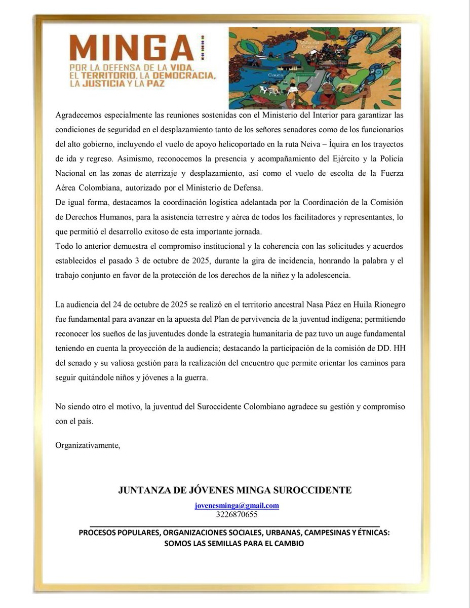 Desde la Minga, un reconocimiento, a la mesa directiva de la Comisión de DDHH, en cabeza del H.S. <a href="/CarlosMFarelo/">Carlos Mario Farelo Daza</a> , presidente; la H.S. <a href="/SoniaSBernalS/">SONIA BERNAL</a> , vicepresidenta; y la coordinadora, Diana Arevalo, por su liderazgo y labor en la defensa de los derechos humanos en Colombia.