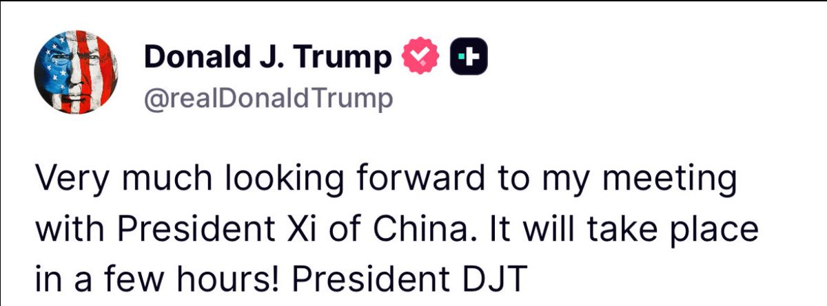 BREAKING 🅱️

President Trump to meet with China’s President Xi in a few hours.. 

👀