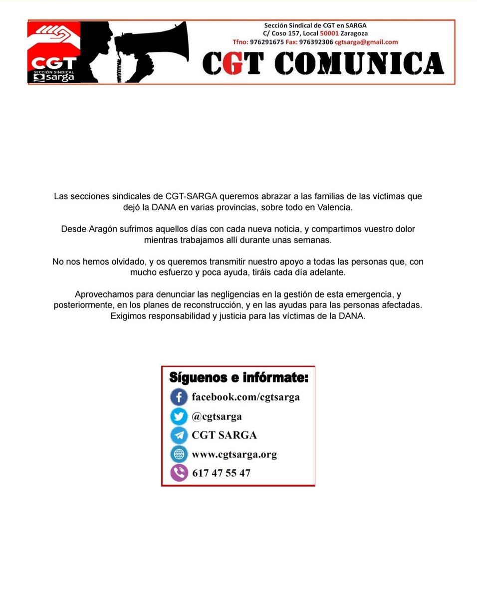 Hoy hace un año del desastre de la Dana. Desde CGT Sarga no nos olvidamos.