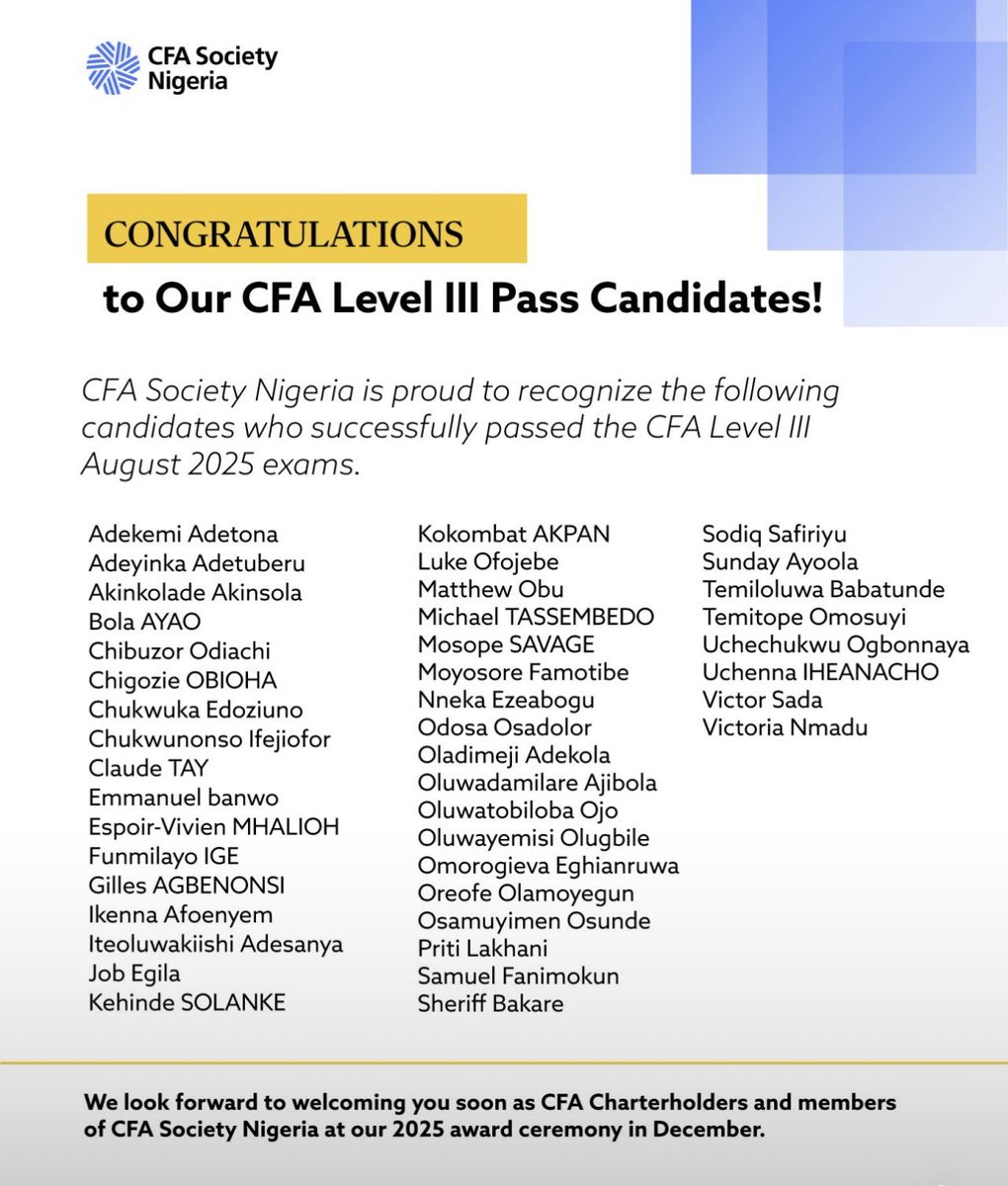 MSIngawa's tweet image. Wow congratulations to all the successful candidates. 

This is one of the hardest professional exams I know. And also one of the surest plugs to bigger opportunities nationally and internationally.