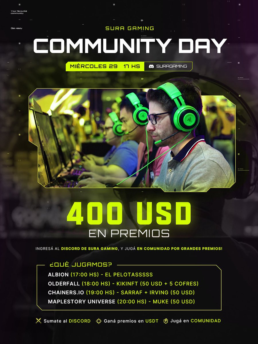 Both of our communities @SuraGamingTeam &amp; @SuraGamingBR are running a Community Day today with $400 bucks in rewards for lucky winners.💰

What are you waiting for?
Join the action 👇
🔗 discord.gg/suragaming #web3gaming