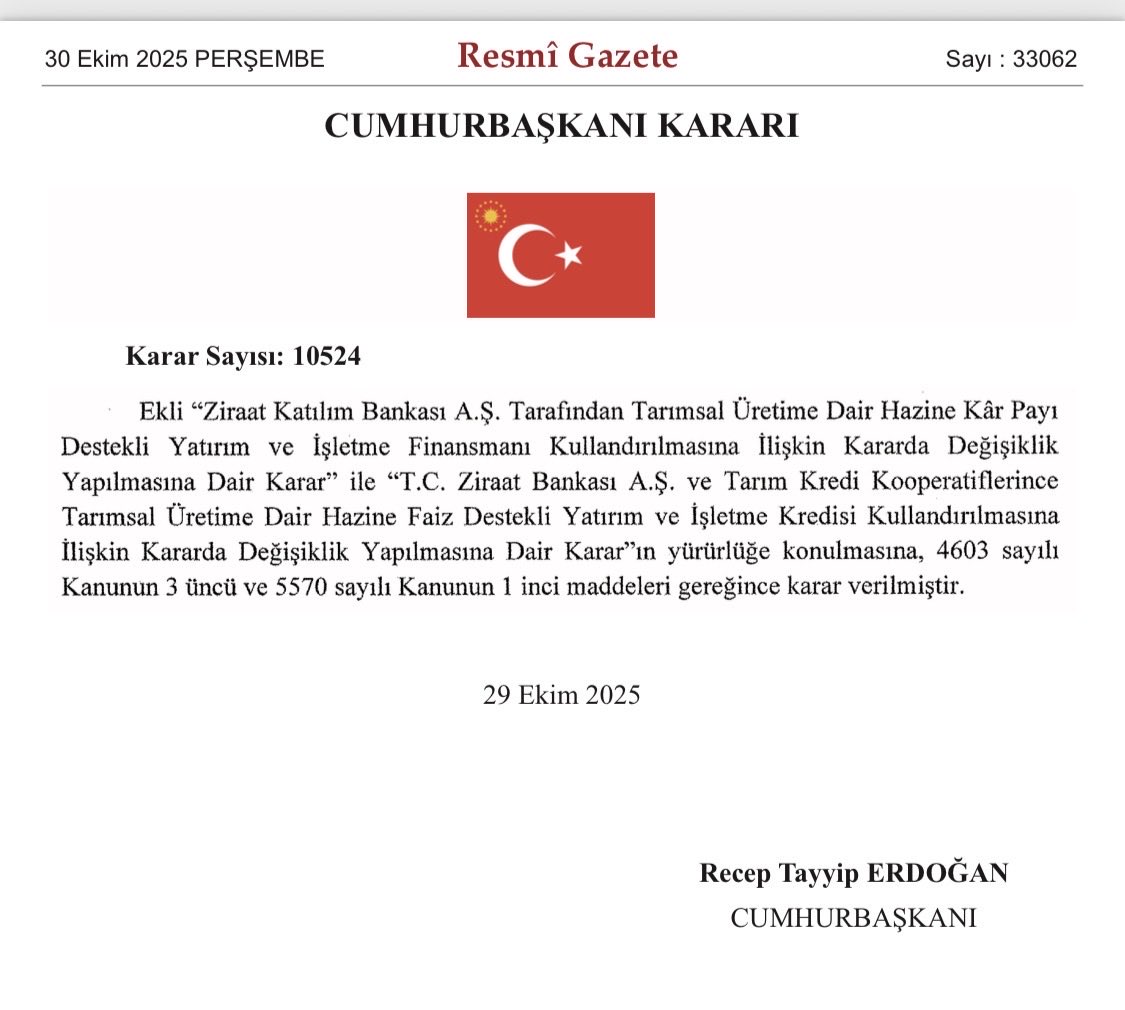 Çiftçinin Finansal Zorluğa Düşmeden Üretime Devam edebilmesi ve Tarımsal Yatırımların sürdürülebilmesi için çok yerinde bir düzeltme,emeği geçen herkese teşekkürler…

resmigazete.gov.tr/eskiler/2025/1…