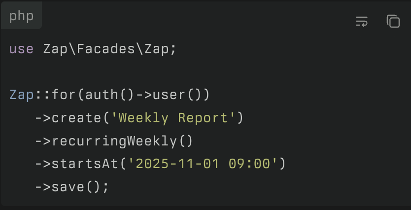 OMascatinho's tweet image. 🚀 Quick Laravel Zap tip: Schedule recurring tasks effortlessly!
Perfect for SaaS apps needing appointments, reminders, or automated tasks! 📅✨
#Laravel #PHP