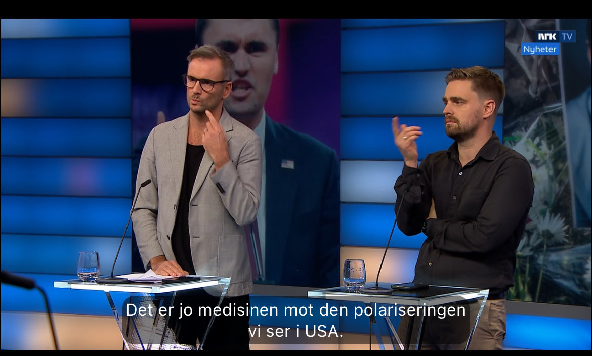 To av Norges fremste talspersoner for radikalismen som motiverte Kirks drapsmann, fikk i går innta rollene som moralsk aktorat på NRK, for å forhøre Danby Choi fordi han ikke fordømte offeret for politisk attentat dagen etter at det skjedde. Et helt absurd etisk bakvendtland.