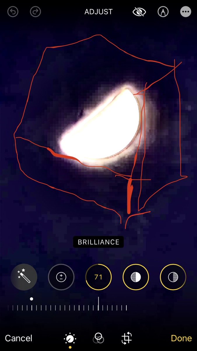 IonisedSkyWatch's tweet photo. The moon from Cambridge U.K. at 9.30pm  WTF looks like a half dead never ending jawbreaker that’s being 3d printed back together 😂😂😳 https://t.co/42WXifIER3