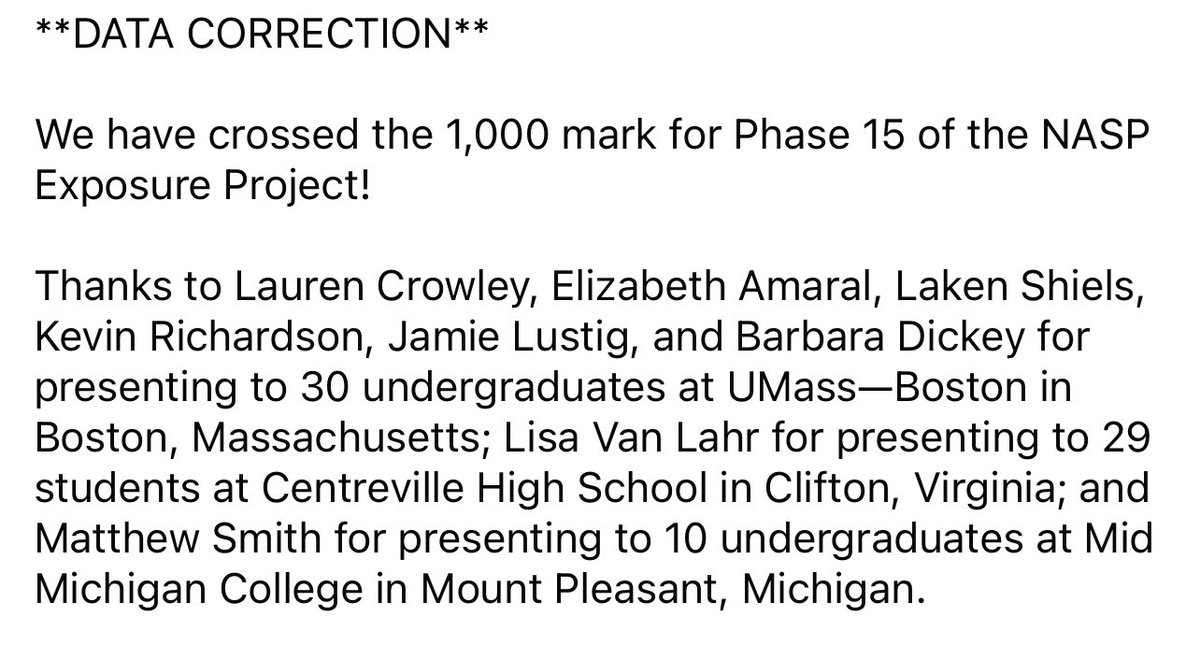 _charlesbarrett's tweet image. **DATA CORRECTION**

We have crossed the 1,000 mark for Phase 15 of the #NASPExposureProject!

Thanks for your support and continued support! Materials: lnkd.in/egDF3hg5 Submit Data: lnkd.in/ermZPf8 #NASPEP #NASPAdvocates #DiversityMatters #SP4SJ