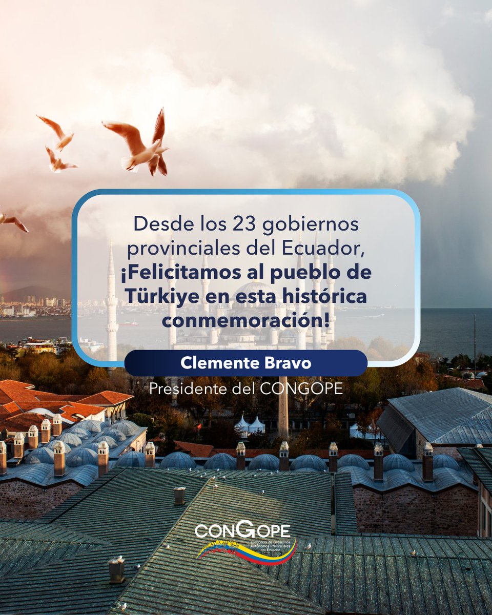CongopeEcuador's tweet photo. 🇹🇷 El #CONGOPE saluda al pueblo de Türkiye en el 102° aniversario de su República.
Desde Ecuador, celebramos los valores de independencia, unidad y progreso que nos unen.
¡Por más cooperación y desarrollo entre nuestras naciones! 🌍🤝
#Türkiye
#102años
#Turquia
@TC_KitoBE https://t.co/YQHpUpsxF8