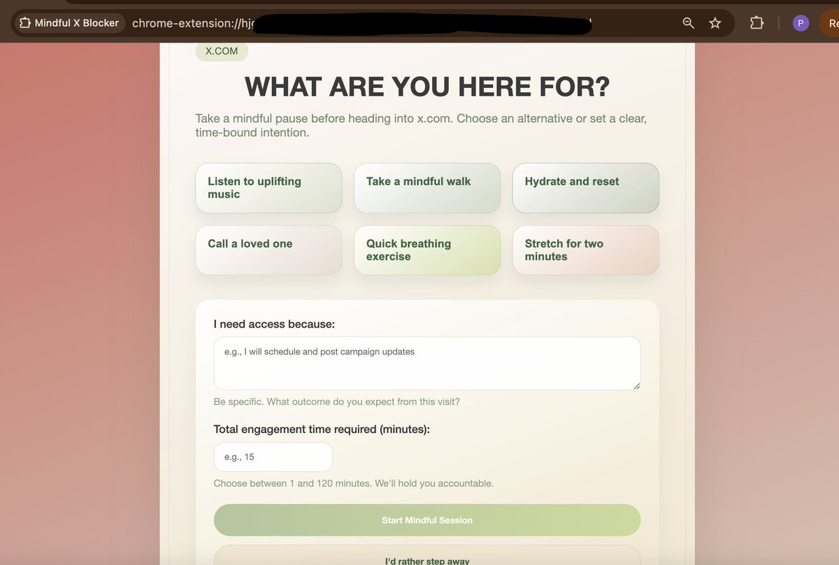 unscripted_path's tweet image. I was spending a lot of time on X
So I built a chrome extension which blocks X unless there is a clear intent
Time on X - Massively reduced since I implemented this blocker.
#buildinpublic