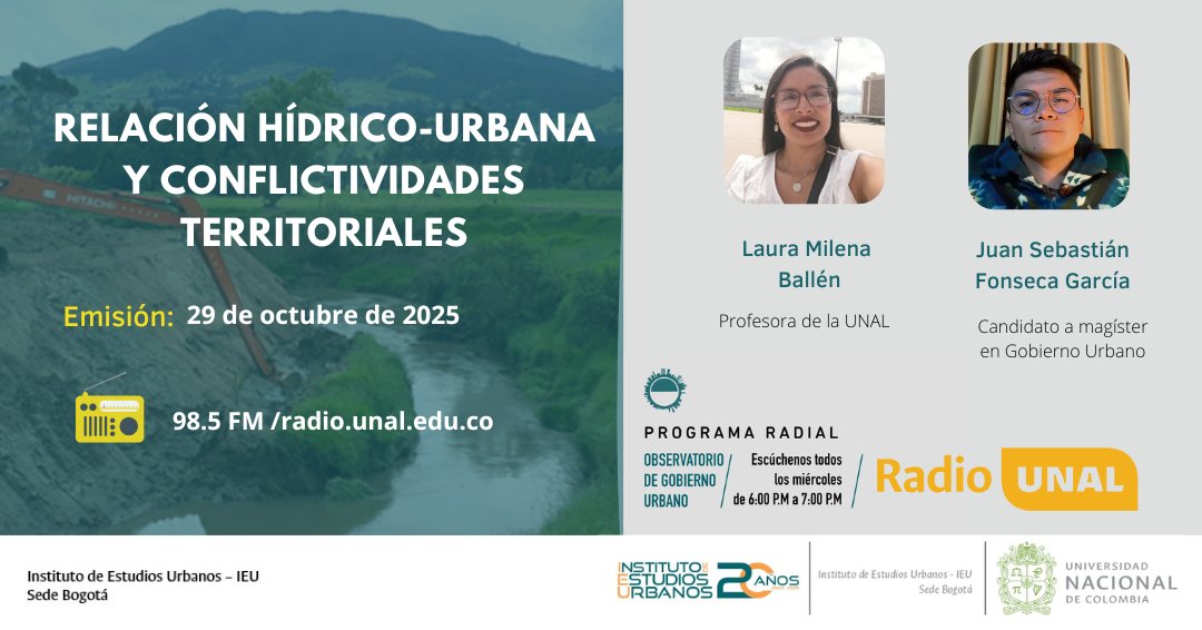 #ParaEscuchar  Hoy a las 6 PM la docente de la UNAL, Laura Ballén y el candidato a magister en Gobierno Urbano Sebastián Fonseca dialogan sobre Relación hídrico-urbana y conflictividades territoriales, caso Zipaquirá.
Escúchalo por la 98.5 FM Bogotá Radio UNAL.