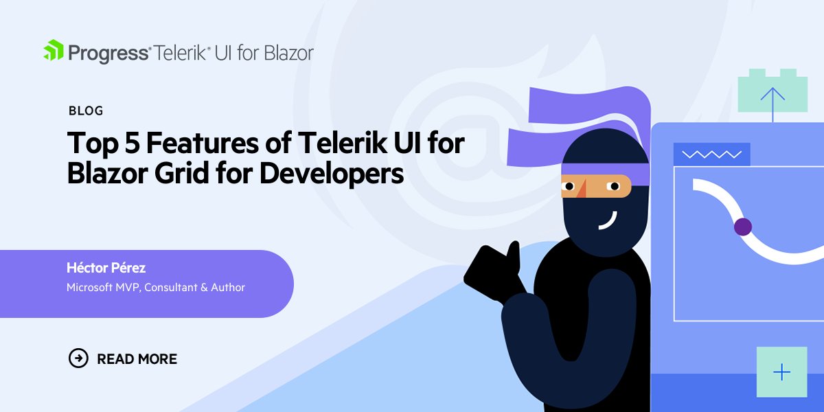 Telerik's tweet image. What makes a Grid component truly powerful? Hint: it includes Smart #AI Features and integrated validation! ✨ 

In this blog, @hprez shares his 5 favorite features of the Telerik UI for #Blazor Grid! 

Learn how it simplifies working with complex tabular data &amp;amp; maximizes app…