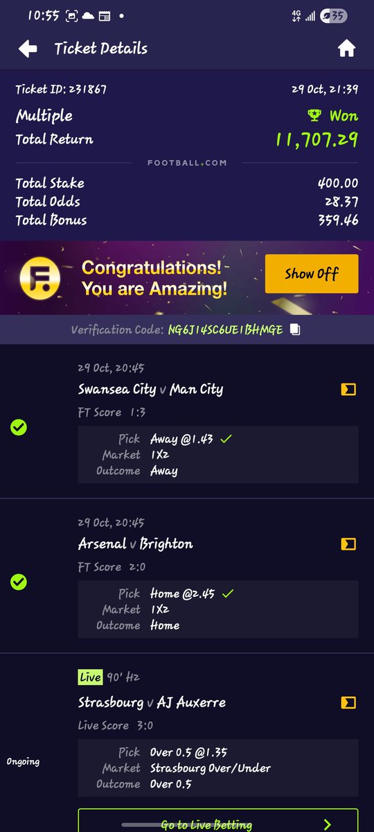 Stake recovered 👌
Staked low on the 29 odds thought it was 4k😫😫