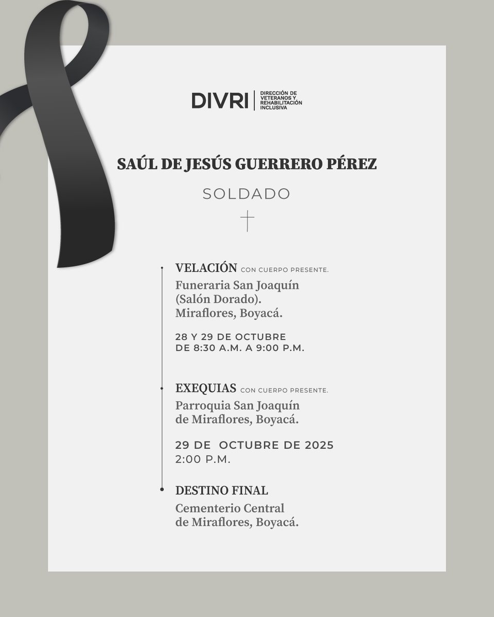 #Homenaje La <a href="/divriveteranos/">Dirección de Veteranos y Rehabilitación Inclusiva</a> lamenta el fallecimiento del veterano colombiano Saúl de Jesús Guerrero Pérez, quien participó en la Guerra de Corea a principios de los años 50. Condolencias a sus familiares y allegados.