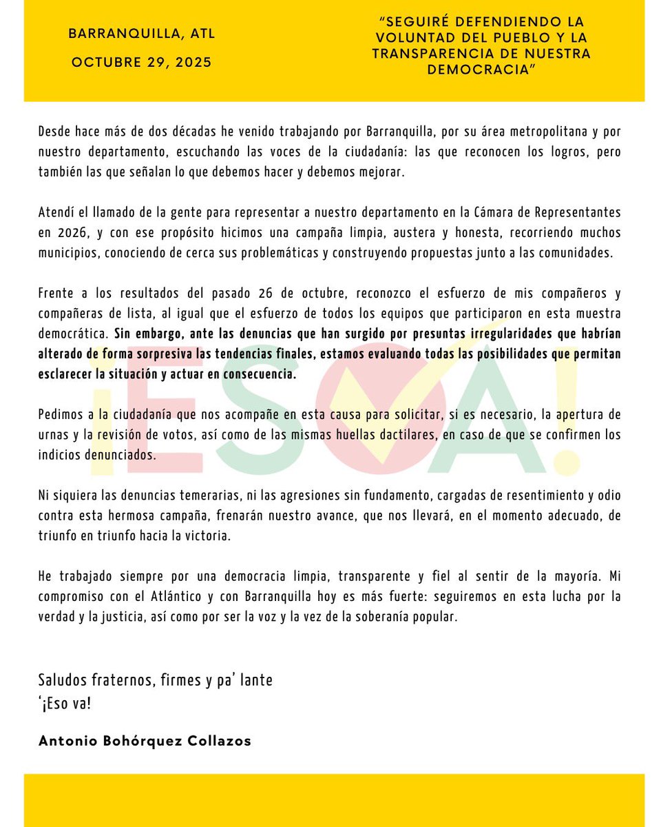 🤝 Seguiré defendiendo la voluntad del pueblo y la transparencia de nuestra democracia.

¡Eso va!

#pactohistórico #antoniobohórquez