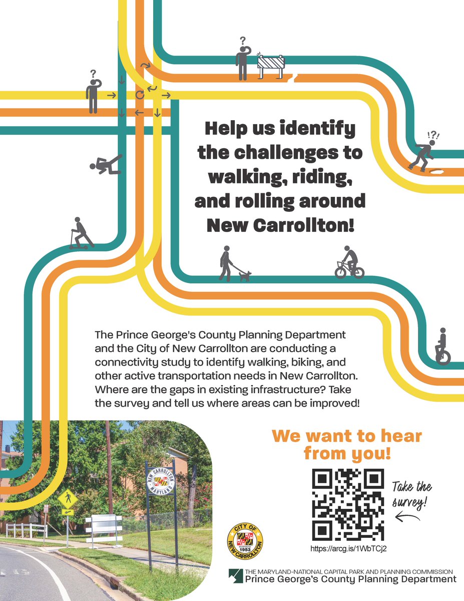 Walk, roll, or bike in New Carrollton? 🚶‍♀️🚲
We’re studying active transportation + need your input!
📅 Join the Nov 5 community meeting
📝 Take the survey by Nov 24: pgplan.org/new-carrollton…

Let’s build safer, connected streets together!