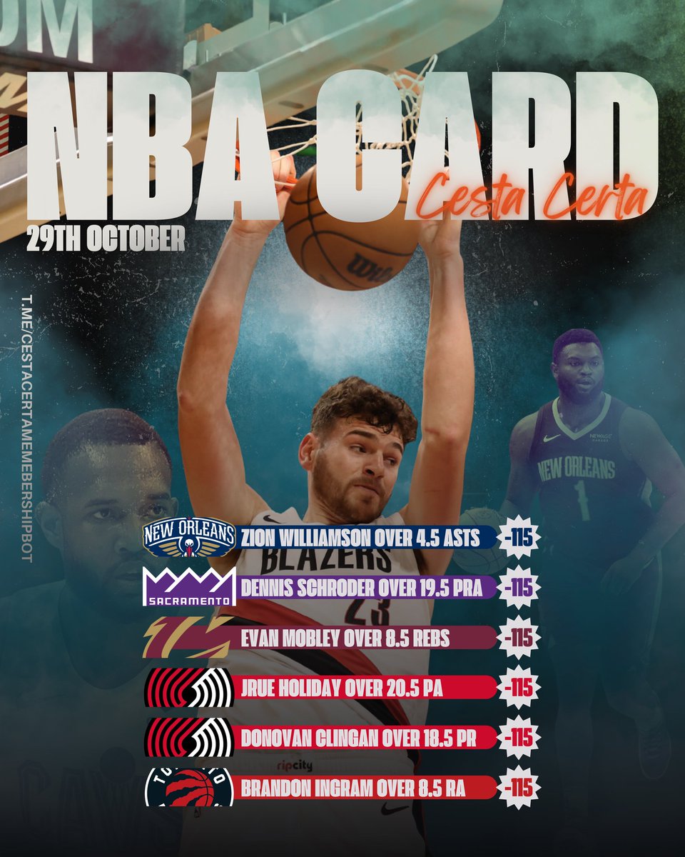 cestacerta's tweet image. 🏀 NBA Betting Card 29th October

Zion Williamson Over 4.5 Asts -130
Dennis Schroder Over 19.5 PRA -120
Evan Mobley Over 8.5 Rebounds -130
Jrue Holiday Over 20.5 Pts + Asts -120
Brandon Ingram Over 8.5 Rebs + Asts -135
Donovan Clingan Over 18.5 Pts + Rebs -130

📊 @PropsEdge
