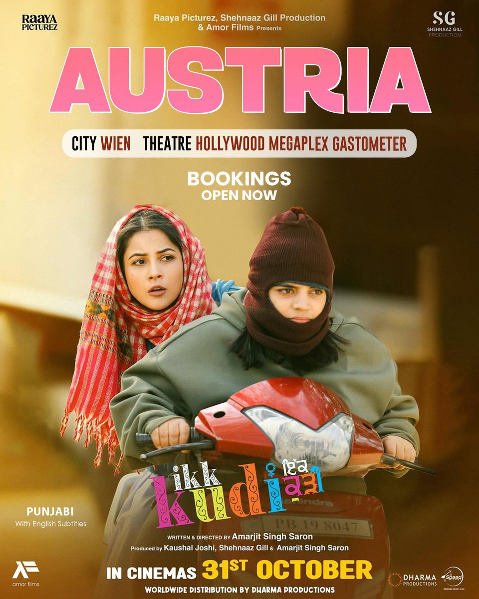 mykinoplex's tweet photo. #IkkKudi hits cinemas across Germany 🇩🇪 | Austria 🇦🇹 | Switzerland 🇨🇭 this 31st October 2025!

💫 A heartwarming Punjabi story with English subtitles — don’t miss this emotional rollercoaster on the big screen!

🎟️ Bookings Open Now!
👉 Germany: https://t.co/i3ZX1b4TSJ
👉 Austria: Hollywood Megaplex Gasometer
👉 Switzerland: Saal 1 Pathe

Tag your movie buddies and book your seats today! 🍿

#IkkKudiAa #ShehnaazGill #PunjabiCinema #GermanyReleases #AustriaReleases #SwitzerlandReleases #PunjabiMoviesAbroad #MyKinoplex #BookNow #InCinemas31stOctober #DharmaMovies #RaayaPicturez #AmarjitSinghSaron
