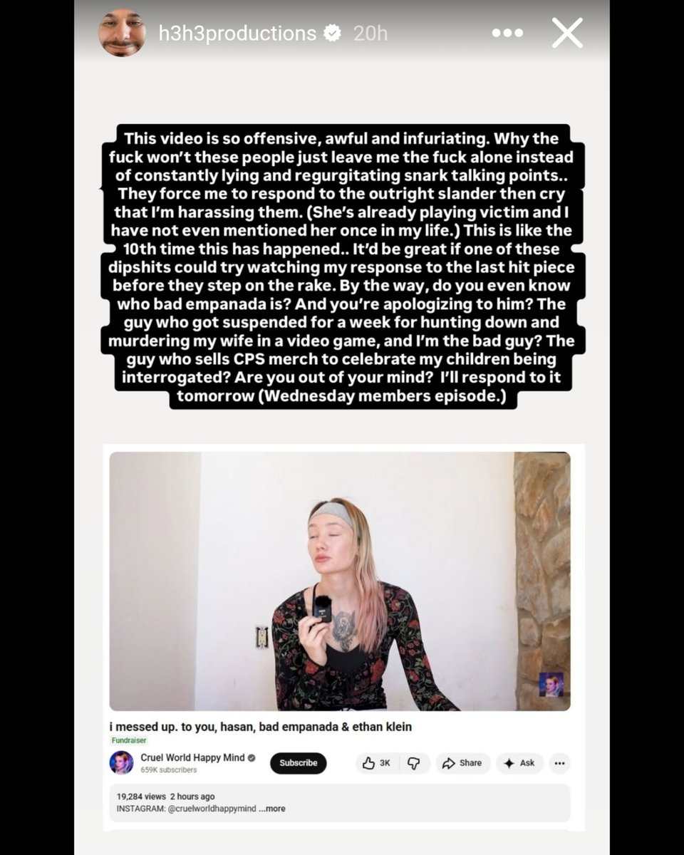 KweenInYellow's tweet photo. In a followup to her exposé on Ethan Klein, youtuber Cruel World Happy Mind talks about being brigaded by the H3 fanbase and the toxicity of their cult-like behavior.

Ethan is now accusing her of "slander" for reading off things he said live on his own podcast. 🥴 https://t.co/6dynVvIlyT