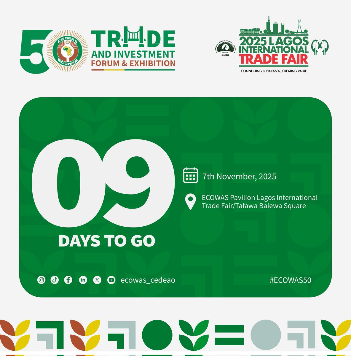 ecowas_cedeao's tweet photo. The countdown has begun.
Only 9 days to go until the ECOWAS Trade and Investment Forum & Exhibition, marking 50 years of regional unity, growth, and opportunity.
#ECOWAS50 #TradeAndInvestment #ECOWASImpact #OneRegionOneVision https://t.co/BnevB0K47V