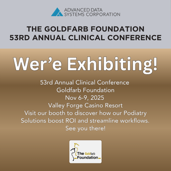 ADSCorp's tweet photo. Visit us at the 2025 Goldfarb Foundation Clinical Conference, Nov 6-9 at Valley Forge Casino Resort!

Discover how MedicsRCM and MedicsCloud use AI to simplify billing and boost efficiency for podiatry practices.

Learn more: https://t.co/qzYUs0r9Er

#Goldfarb##MedicsRCM https://t.co/xSTexnc5Av