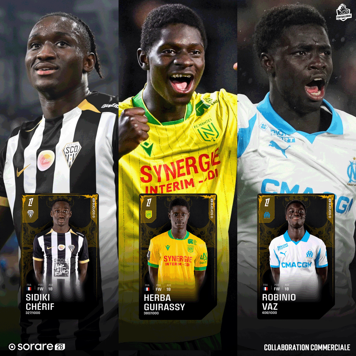 Footballogue's tweet photo. 𝗟𝗔 𝗟𝗜𝗚𝗨𝗘 𝟭 𝗗𝗘𝗦 𝗧𝗔𝗟𝗘𝗡𝗧𝗦 ! 🌟 🇫🇷

Ce soir :

🇫🇷 Sidiki Chérif (18 ans) ⚽
📊 𝟲𝟳/𝟭𝟬𝟬 de moyenne sur @Sorare

🇫🇷 Herba Guirassy (19 ans) ⚽⚽
📊 𝟳𝟰/𝟭𝟬𝟬

🇫🇷 Robinio Vaz (18 ans) ⚽⚽
📊 𝟴𝟲/𝟭𝟬𝟬

De très belles découvertes, on va les suivre de près ! 🤩 https://t.co/0DxPB035hJ
