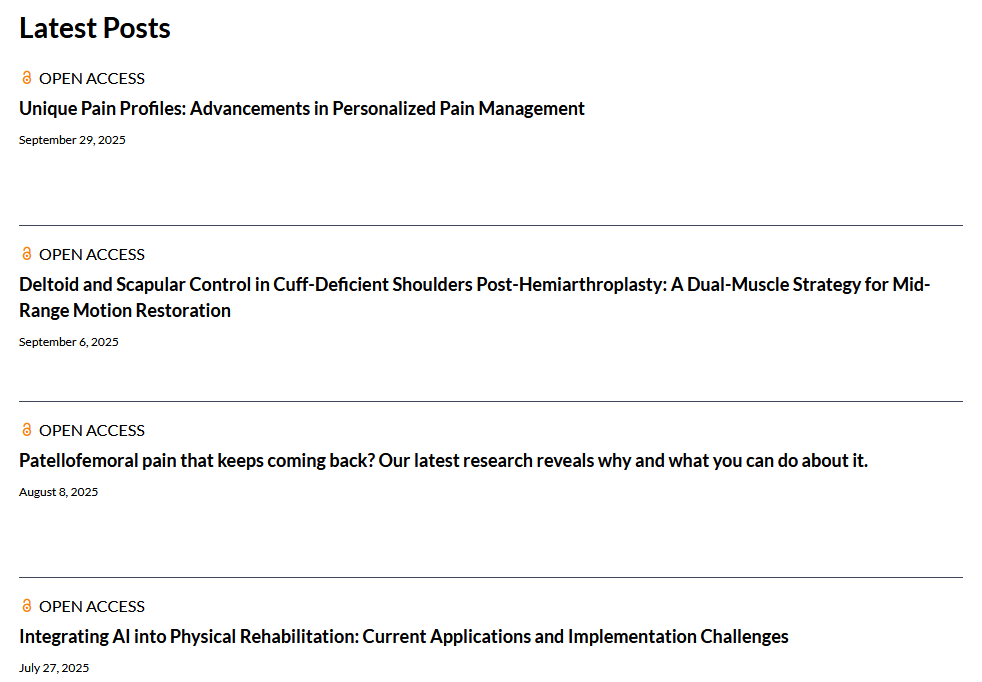 JOSPT's tweet photo. New on the #JOSPTBlog
Personalized #PainManagement
Muscle control post #HemiArthroplasty of the #shoulder
Persistent #PatellofemoralPain
AI in #Rehabilitation and more!!!
Always free to read ➡️ https://t.co/fxhYA3GjkO
Something to say 🤔 email us 👉 blog@jospt.org
#yourJOSPT https://t.co/5t0n93adJN