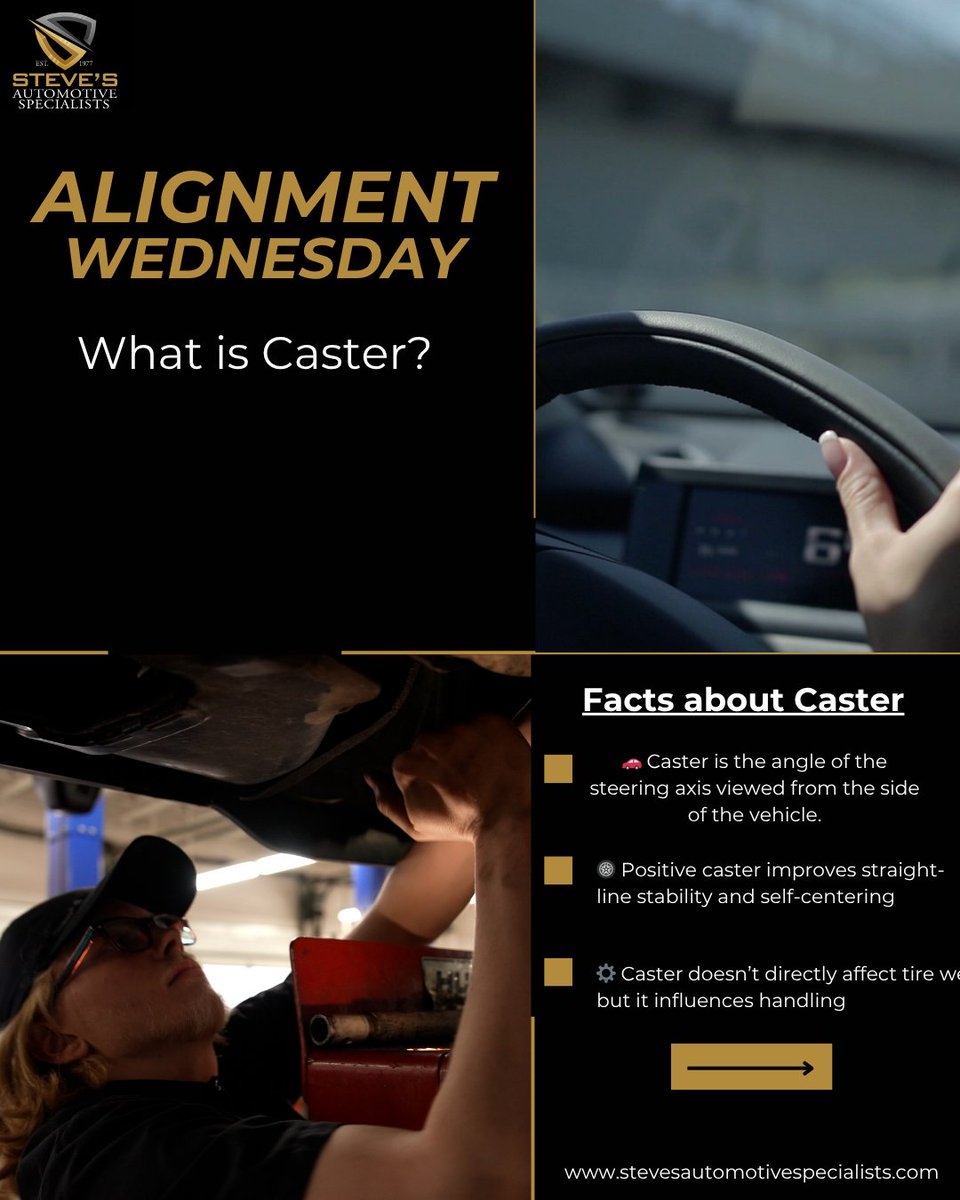 StevesAutoSandy's tweet image. What is Caster on an alignment? Check out our post to find out! Also come get a free alignment check at any of our location! 
#Autocaremadeeasy #Camber #AlignmentMatters #stevesautomotivespecialists