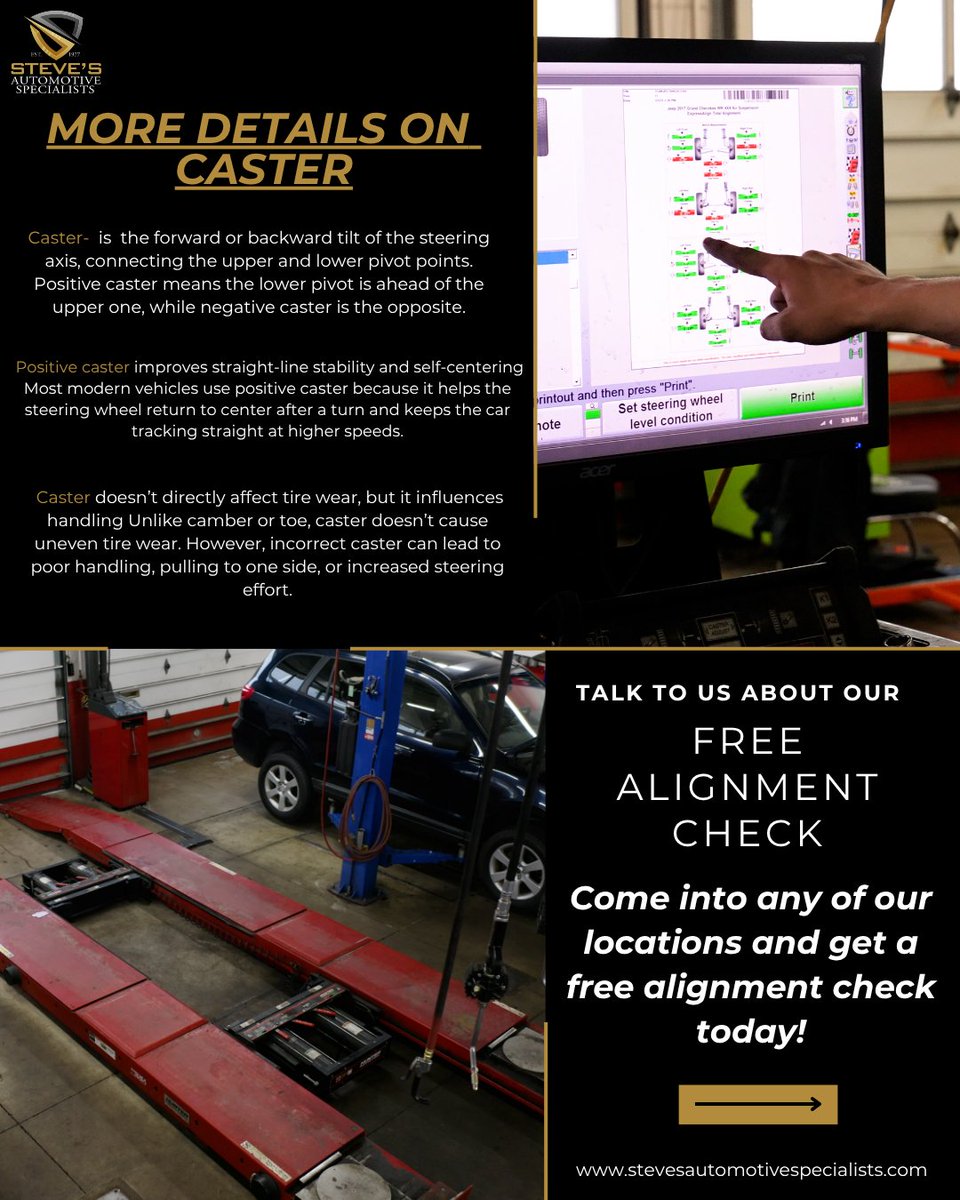 StevesAutoSandy's tweet image. What is Caster on an alignment? Check out our post to find out! Also come get a free alignment check at any of our location! 
#Autocaremadeeasy #Camber #AlignmentMatters #stevesautomotivespecialists