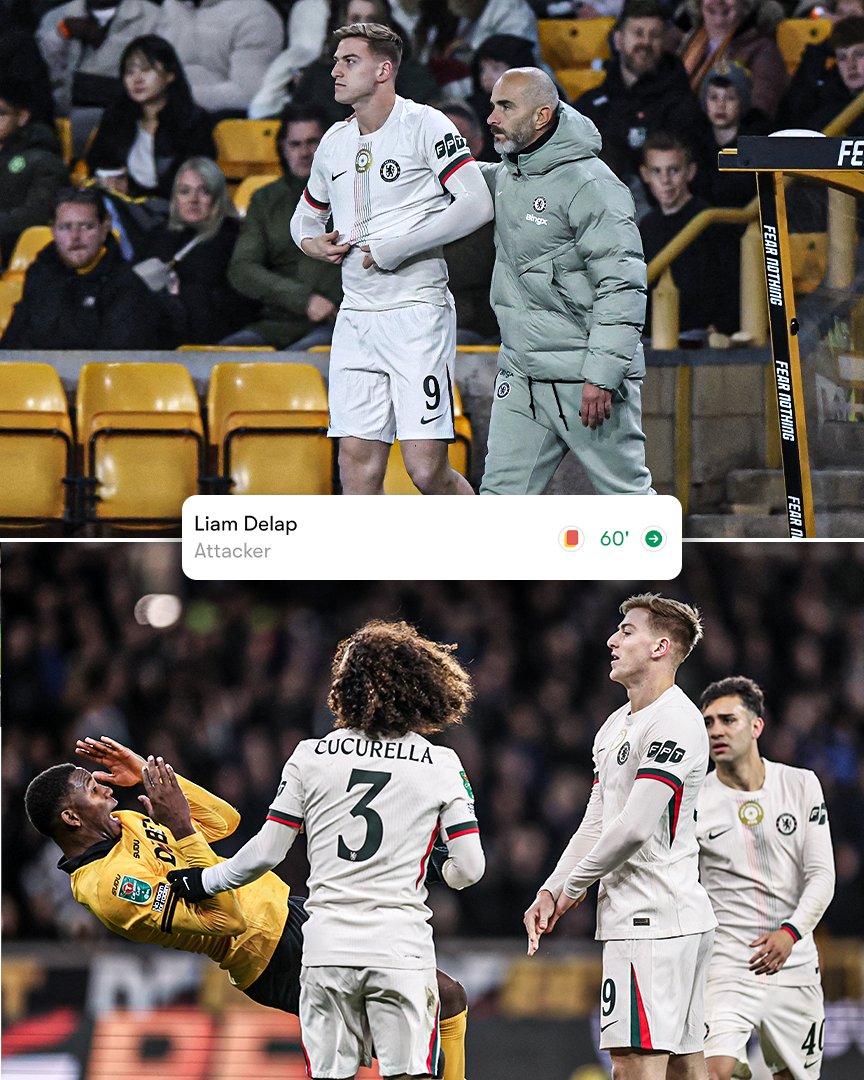 60' | Liam Delap brought on ➡️
78' | Liam Delap yellow card 🟨
86' | Liam Delap red card 🟥

A night to forget for Liam Delap 👀