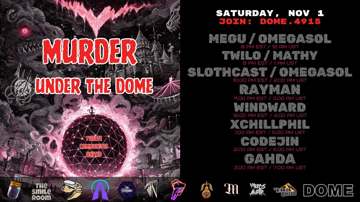 BlindTfs's tweet photo. THE MURDER UNDER THE DOME 
An 8-hour Halloween experience in VRChat
Music. Monsters. Mayhem.

This Halloween, the party doesn’t just change themes. It shifts realities, pulling together creative forces from across VRChat including Murder, The Smile Room, Ancients of VRChat,  Monstrum Inn, Ministry Promotions, The Cathedral, The Faceless, Bayou Circus, Narratrix, Mercy's Legion, The Strange Pear, and DOME itself. A one-night horror collaboration unlike anything the platform has seen.

It’s a dance floor surrounded by nightmares. A skyline made of haunted cathedrals, possessed dinosaurs, flickering circus tents, and glowing pagodas. Around you: voids that open without warning, clues to uncover, performers to follow, and scares that strike when you least expect it.

Expect:
 A full night of music and dancing
 An interactive horror game woven into the crowd
 Live performers, roleplayers, dancers, and scares
 Immersive art and world elements from across VRChat

 Date: Saturday, November 1, 2025

 Time:
5:00 PM PST
8:00 PM EST
12:00 AM UTC (Nov 2)

 Lineup:
5:00 PM PST / 8:00 PM EST / 12:00 AM UTC – Megu
6:00 PM PST / 9:00 PM EST / 1:00 AM UTC – Twilo ft Mathy
7:00 PM PST / 10:00 PM EST / 2:00 AM UTC – Slothcast ft OmegaSol
8:00 PM PST / 11:00 PM EST / 3:00 AM UTC – Rayman
9:00 PM PST / 12:00 AM EST / 4:00 AM UTC – Windy
10:00 PM PST / 1:00 AM EST / 5:00 AM UTC – xChillphil
11:00 PM PST / 2:00 AM EST / 6:00 AM UTC – Code Jin
12:00 AM PST / 3:00 AM EST / 7:00 AM UTC – Gahda

 Join the group to attend:
https://t.co/4eQruErtuO

The skyline is alive. The Murderer is loose. Be part of it.